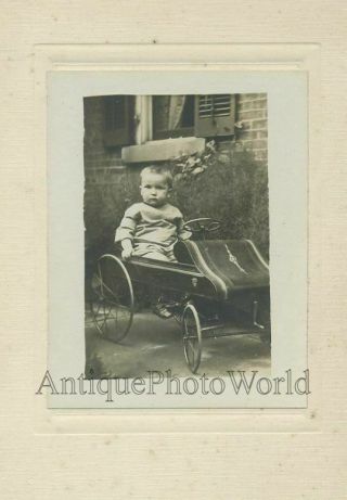 Cute Boy In Toy Automobile Car Antique Cabinet Photo