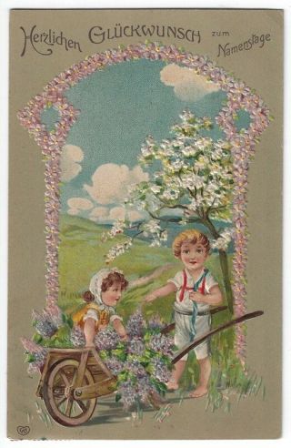Vintage Birthday Greetings Postcard,  Boy & Girl With Wheelbarrow Full Of Flowers