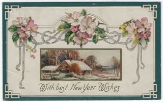 Vintage Year Greetings Pc,  A Country House In Winter,  Flowers,  1907