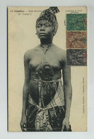 1907 Conakry Guinea French West Africa Nude African Woman Postcard Stamps Hj5264