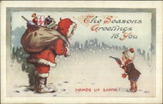 Christmas - Little Boy W/ Toy Gun Pistol Holds Up Santa Claus C1910 Postcard