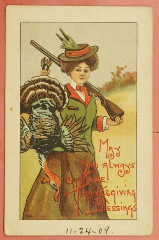 Dr Who 1910 Hbg Thanksgiving Woman Hunter Shotgun Carrying Dead Turkey 40117