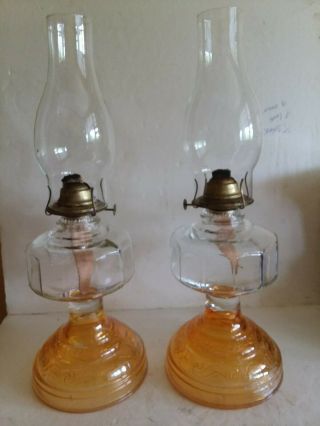 Antique 2 Amber Base Oil Kerosene Lamps With P & A Eagle Burners