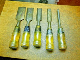5 Vintage Stanley No.  60 Bevel Steel Chisels 3/8 ",  3/4 ",  1 ",  1 - 1/4 " & 1 - 1/2 "