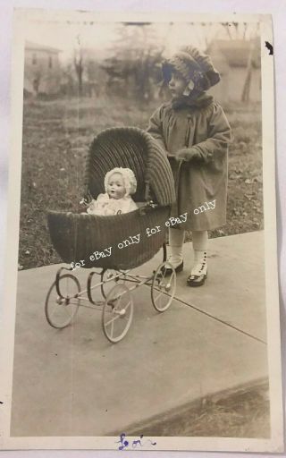 Vintage Old 1920 Photo Little Girl In Bonnet Pushes Bisque Doll In Baby Stroller