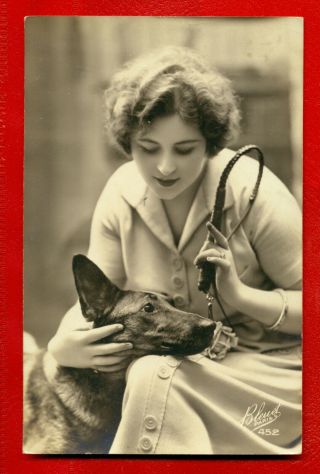 Woman And Dog German Shepherd Vintage Photo Postcard 1910