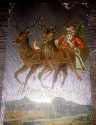 Vintage Merry Christmas Postcard Santa Claus & Reindeer In Sleigh Silver Texture