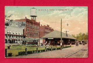 Clarksburg Wv Pc Of B & O Railroad Depot,  Train,  Street Car,  Wagons,  People 1912