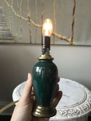 Vintage Mini Porcelain Electric Lamp (no Shade) 6 Inches,  Green And Gold