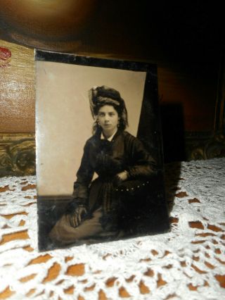 Antique Tintype Photo Pretty Woman,  Mourning,  Black Dress,  Gloves,  Veil,  Tinted