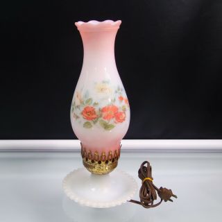 Vintage Electric Hobnail Milk Glass Hurricane Lamp Wild Rose Floral Chimney