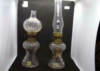 2 Vintage Miniature Oil Lamps Clear Glass Same Base Different Chimneys