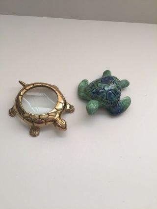 Vintage Turtle Magnifying Glass Paper Weight Plus Glass Green Blue Figure