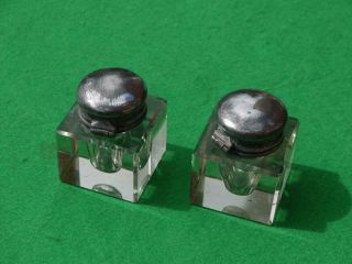 2 Antique Cut Glass Inkwells With Silver Plated Hinged Lids
