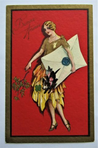 Lady In A Gold Dress With Dog & Good Luck Shamrock Art Deco Year Postcard