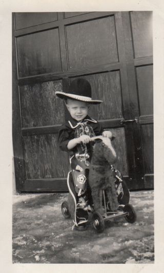 Snapshot Photo Named Boy As Cowboy On Toy Horse 1940 
