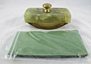 Vintage Green Agate Stone And Brass Ink Blotter With Blotter Paper Roller Rocker