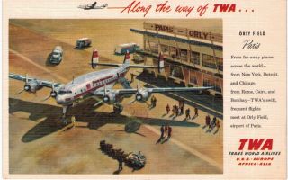 Paris Orly Airport Twa Prop Plane At Gate Boarding Linen 1940 Aviation