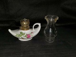 Vintage Miniature " Genie " Style Porcelain Oil Lamp W/ Roses Made In Hong Kong