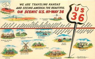 Dunlap Henline 1950s Kansas Us 36 Travel Map Attractions Postcard 11316