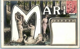 Large Letter Rppc Greetings Embossed Postcard " Marie " Art Nouveau Fantasy 1906