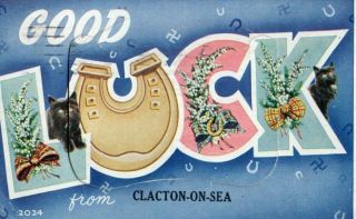 Vintage Novelty Postcard: Good Luck From Clacton With Black Cats & Swastika