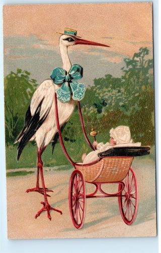Vintage Postcard Baby Congratulations Birth Announcement Stork Stroller D68