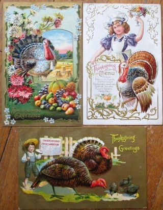 Thanksgiving Set Of Three 1910 - 1911 Embossed,  Color Litho Postcards W/turkeys