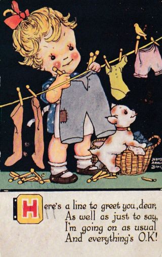 Nora Annie Birch Little Girl With Dog Hangs Up Washing.  (1930 