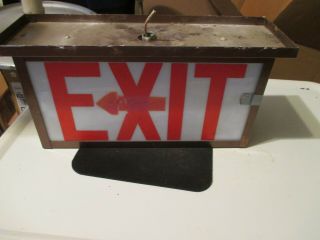 Vtg.  Milk Glass Lighted Red Exit Sign Brown Metal Case Double Side 12 " X 6 " X 3 "