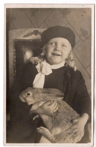 1920 - S Young Girl W Huge Bunny Rabbit Antique Photo Postcard Size