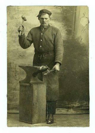 Blacksmith Farrier Forging Horseshoe On Old Anvil Orig Ca.  1900 