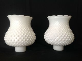 2 Vintage White Milk Glass Hurricane Hobnail Lamp Shades Globe 1 5/8 " Fitter