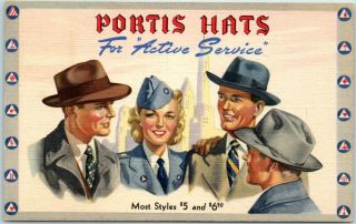 1940s Portis Hats Advertising Postcard " For Active Service " Wwii Linen