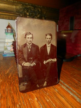 Antique Tintype Photo,  2 Young Men,  Brothers?,  Sitting,  Legs Crossed,  Tinted