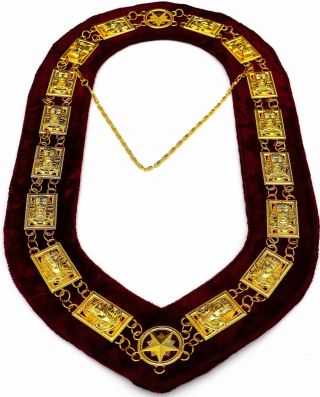 Masonic Collar Shriner Sphinx Dress Golden Metal Chain Collar Maroon Velvet