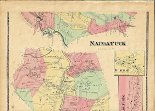1868 Naugatuck,  Ct. ,  Hand Colored Map,  Map Has Top Damage,  .