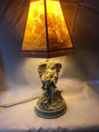 Intricate 17 " Resin Table Lamp W/ Shade Vintage Angel With Flower Basket & Bird