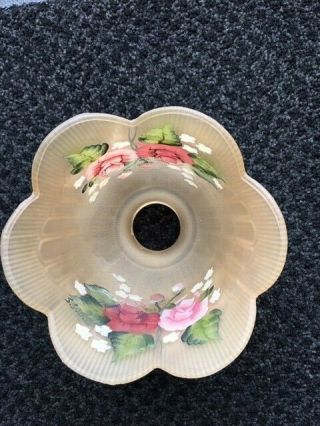 Vintage Reverse Hand Painted Amber Glass Lamp Shade with Roses signed S Swain 2