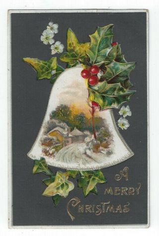 Vintage Christmas Greetings Pc,  A Country Town In Winter,  Holly & Berries 1909