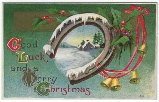 Vintage Christmas Greetings Postcard,  A Winter Scene,  Horseshoe,  Gold Bells