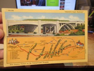 Vintage Old Postcard Pennsylvania Turnpike Highway Stanton Viaduct Bridge Map Pa