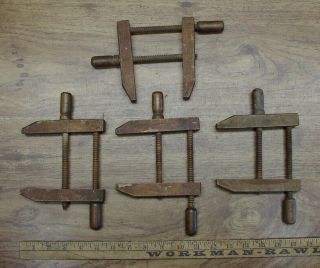 4 Antique Wooden Parallel Clamps With Threaded Wood Screws,  3 " Capacity,