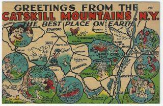 Catskill Mountains,  York Large Letter Linen Postcard With Comical Views