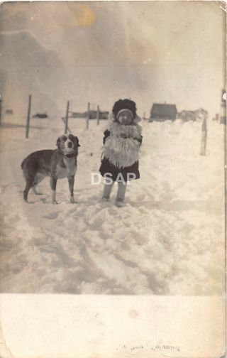 C36/ Interesting Real Photo Rppc Postcard C1910 Children Girl Muff Winter Dog 24