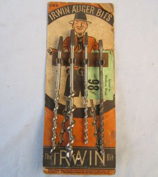 Irwin Vintage Auger Bits With Store Display Stand.  D24 1/4 " 3/8 " 1/2 " 5/8 " Drill