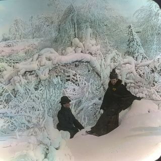 Vtg Magic Lantern Glass Slide Photo Underwood Victorian Couple Winter Niagara