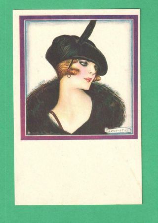 1924 Nanni Art Deco Postcard Lady Hat Feather Fur
