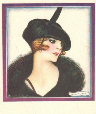 1924 NANNI ART DECO POSTCARD LADY HAT FEATHER FUR 2
