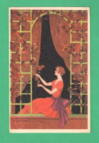 Vintage T.  Corbella Art Deco Postcard Lady Window Trellis Roses